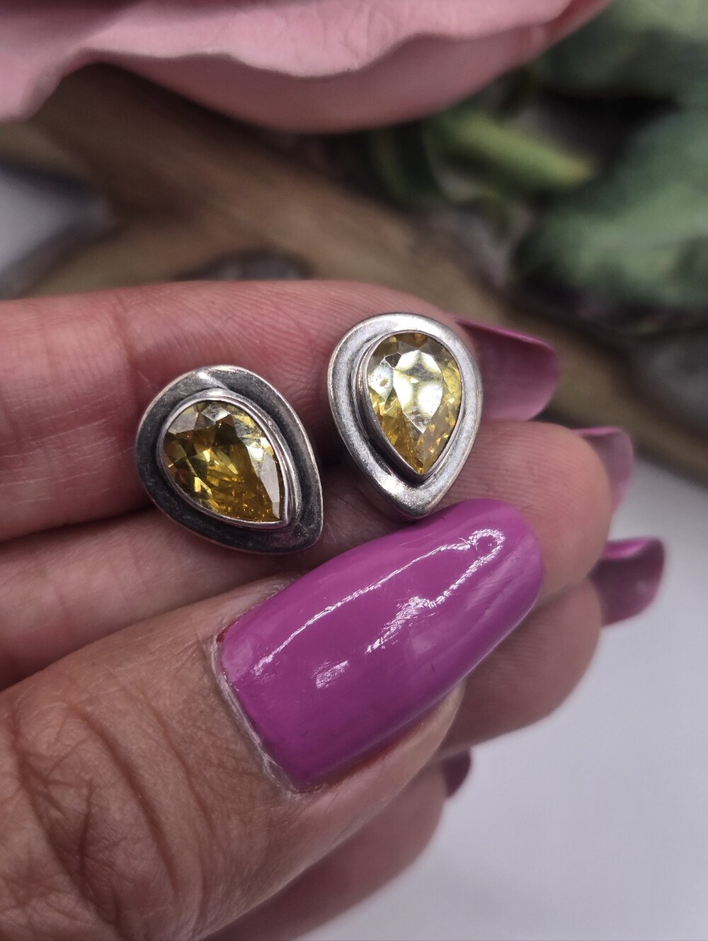 Yellow Teardrop Crystal Stud Earrings - Sterling Silver Tone
